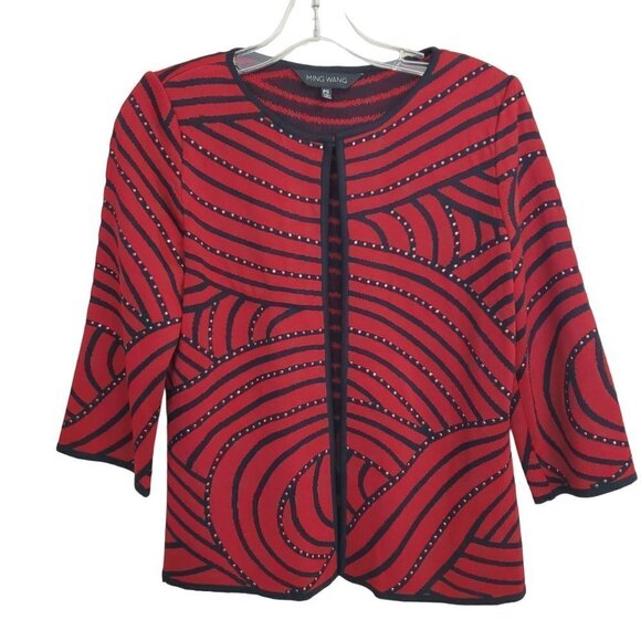 Ming Wang Red/Black Cardigan Sweater with Studs Size PS Petite Small 3/4 sleeve - Picture 1 of 6